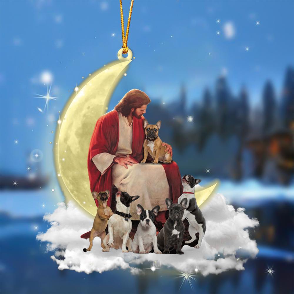 God Surrounded By French Bulldogs On The Moon Hanging Ornament