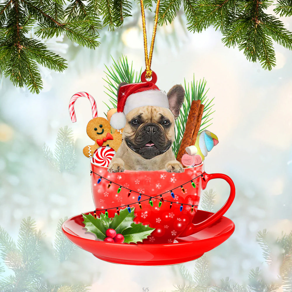Fawn French Bulldog In Cup Merry Christmas Ornament