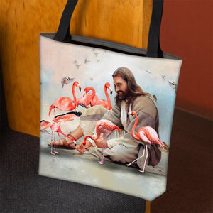 Jesus Surrounded By Flamingos Tote Bag