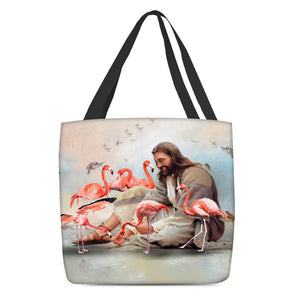 Jesus Surrounded By Flamingos Tote Bag