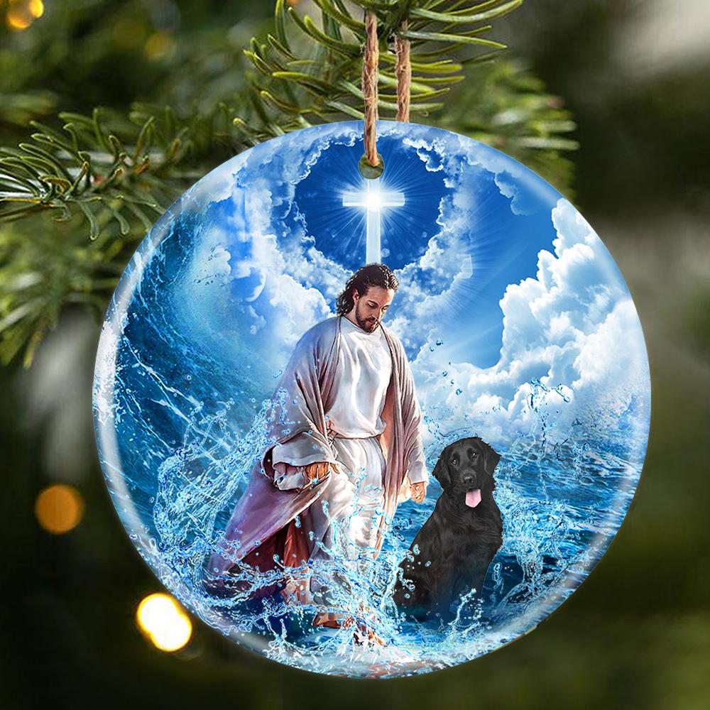 Flat Coat Retriever And God Walking On The Ocean Wave Porcelain/Ceramic Ornament