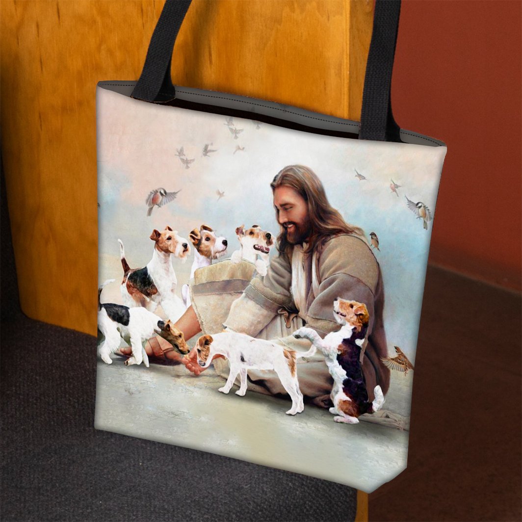 Jesus Surrounded By Fox Terriers Tote Bag