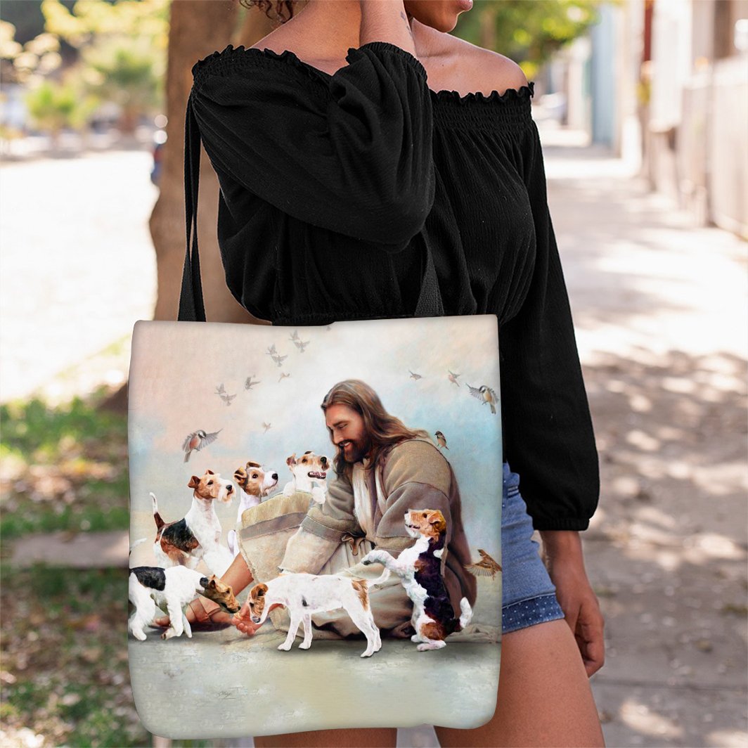 Jesus Surrounded By Fox Terriers Tote Bag