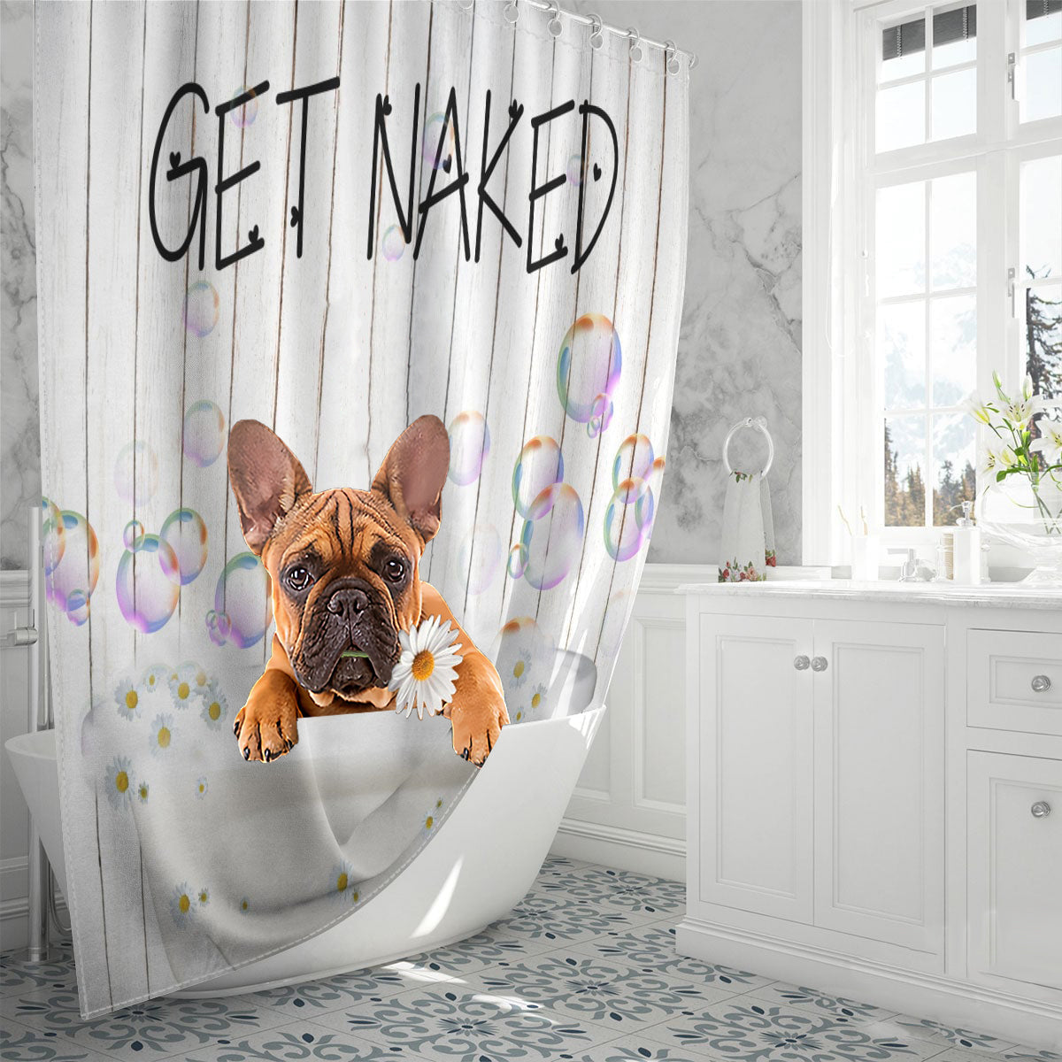 French Bulldog Get Naked Daisy Shower Curtain