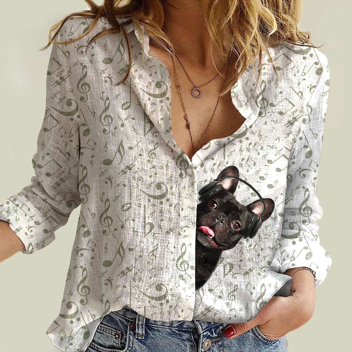 Great Music With French Bulldog03- Women's Long-Sleeve Shirt