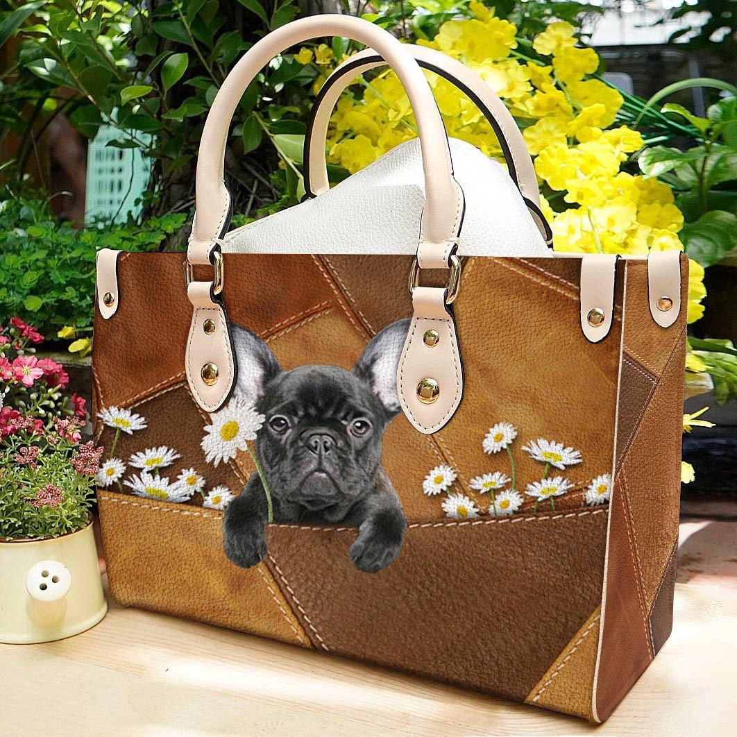 French Bulldog Holding Daisy Leather Bag