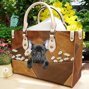 French Bulldog Holding Daisy Leather Bag