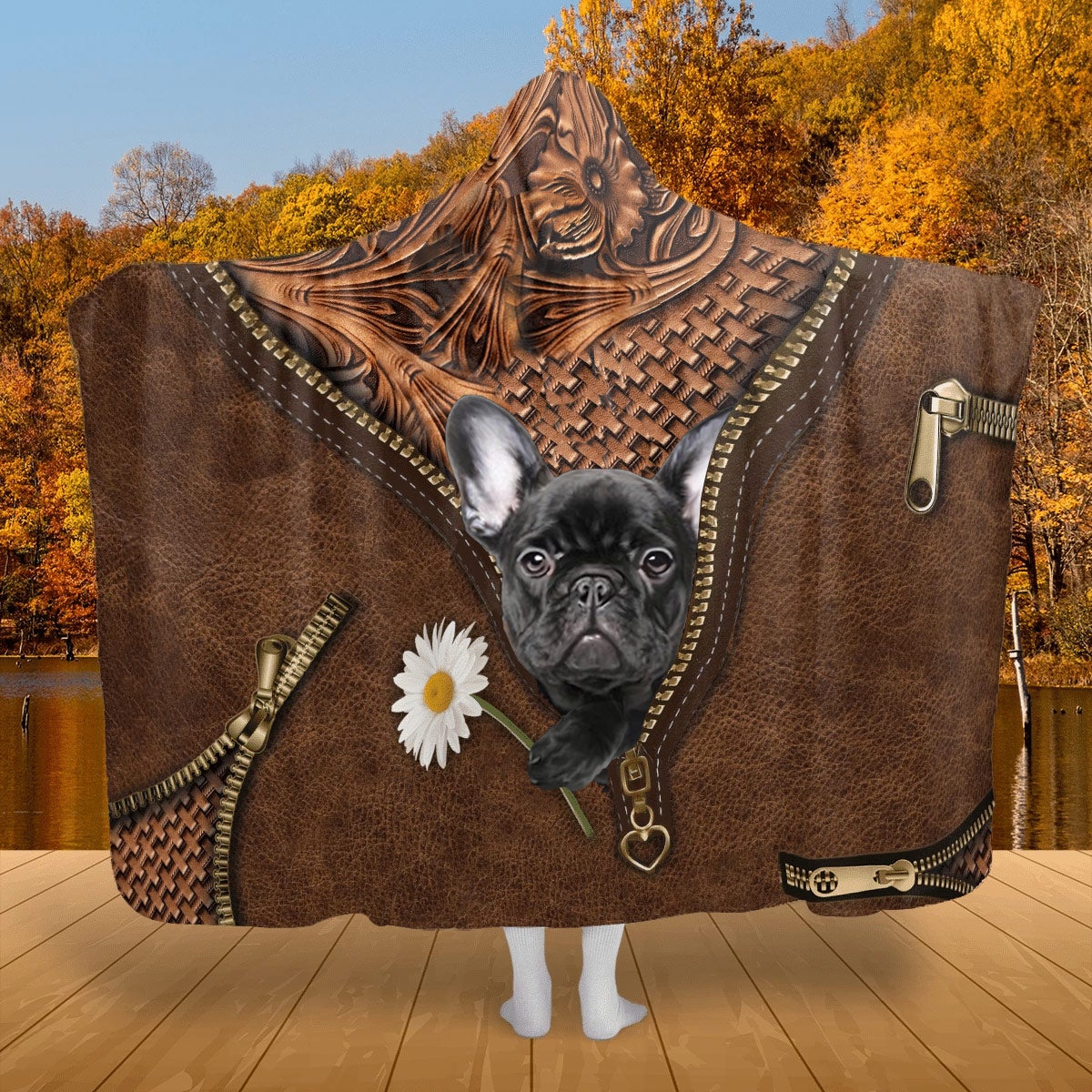 French Bulldog 2 Holding Daisy Hooded Blanket