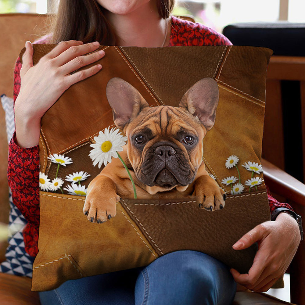 French Bulldog Holding Daisy Pillow Case