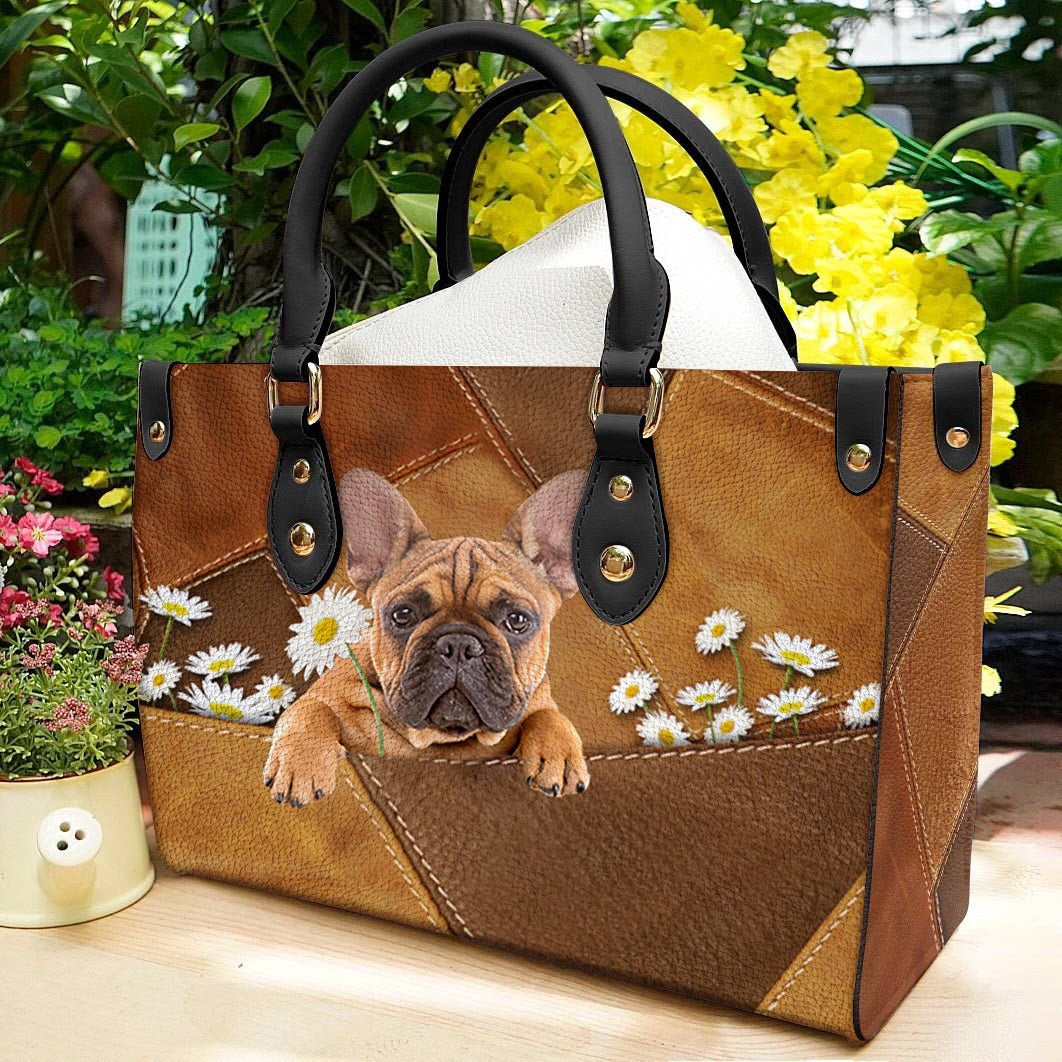 French Bulldog 2 Holding Daisy Leather Bag
