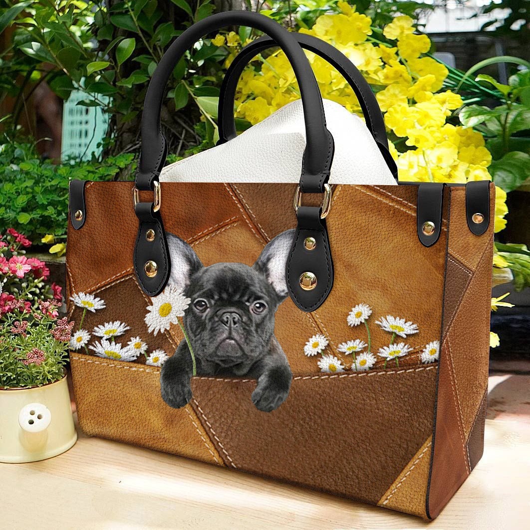 French Bulldog Holding Daisy Leather Bag