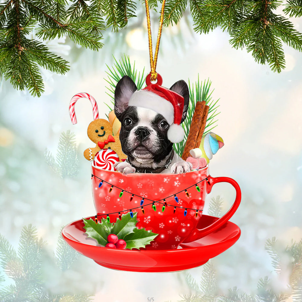 French Bulldog In Cup Merry Christmas Ornament