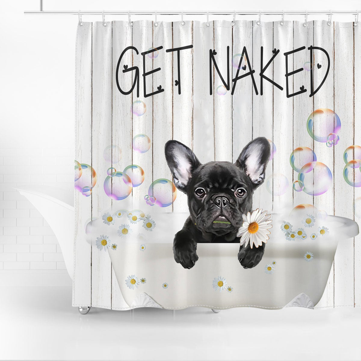 French Bulldog 3 Get Naked Daisy Shower Curtain