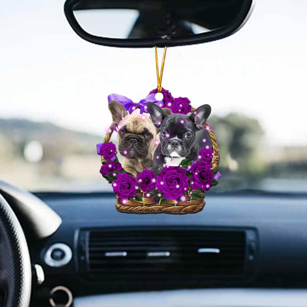 French Bulldog Purple Rose Wicker Basket Car Hanging Ornament