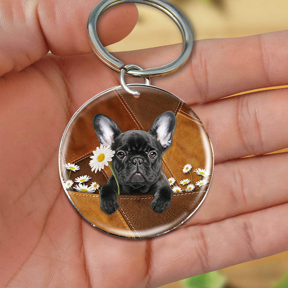 French Bulldog02 Holding Daisy-Round Resin Epoxy Metal Keychain