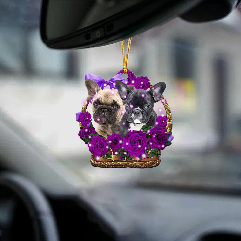 French Bulldog Purple Rose Wicker Basket Car Hanging Ornament