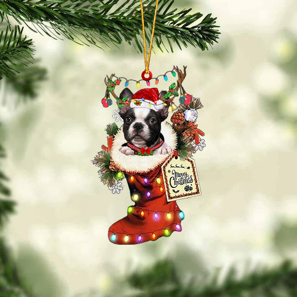 French Bulldog In Red Boot Christmas Ornament