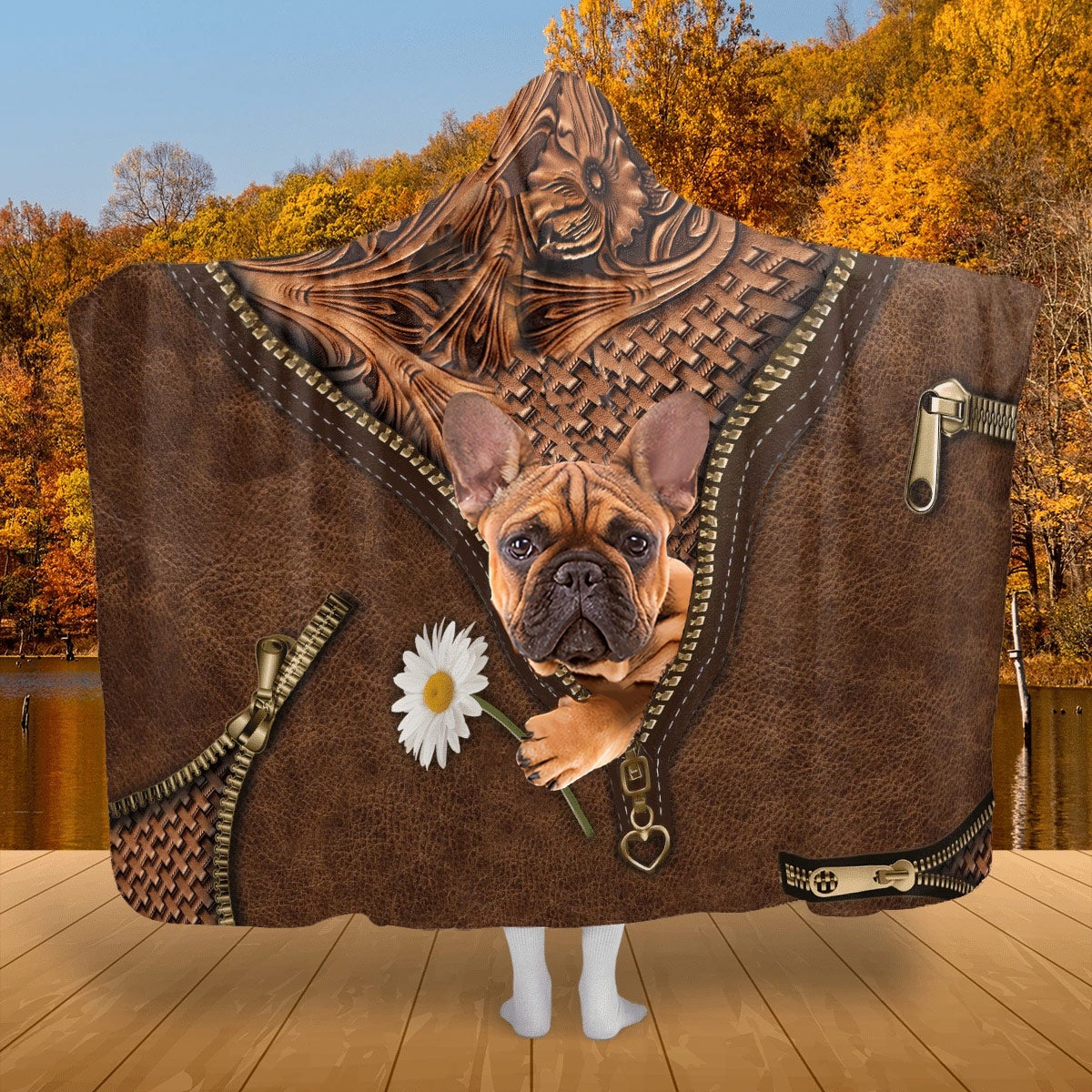 French Bulldog Holding Daisy Hooded Blanket