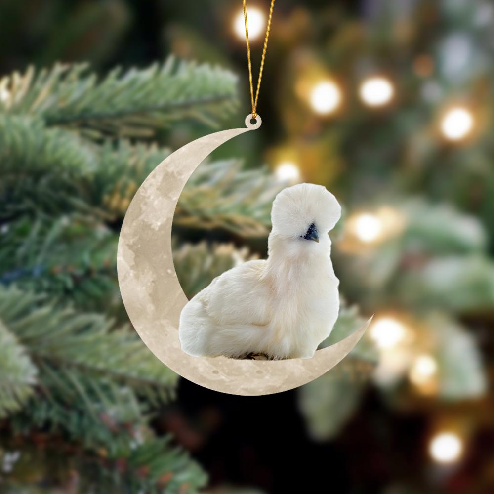 Furry Silkie Chicken Sits On The Moon Hanging Ornament