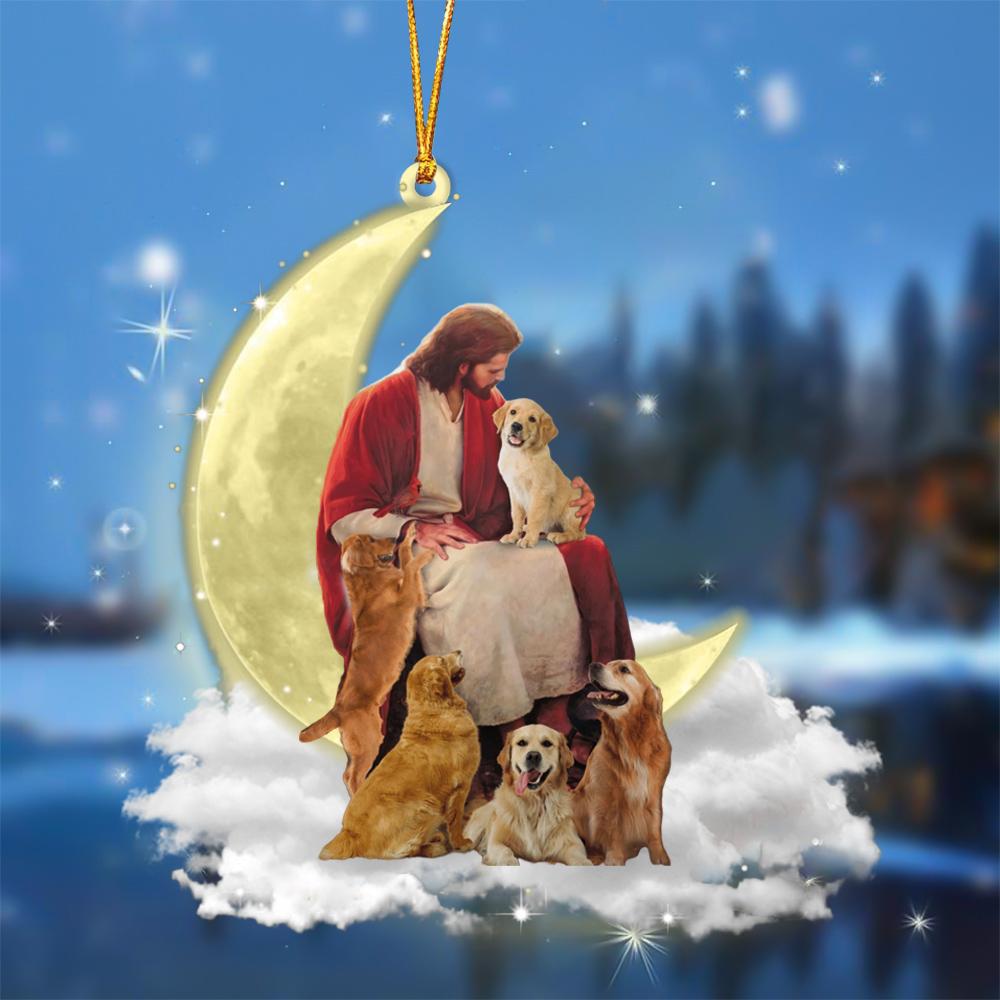 God Surrounded By Golden Retrievers On The Moon Hanging Ornament