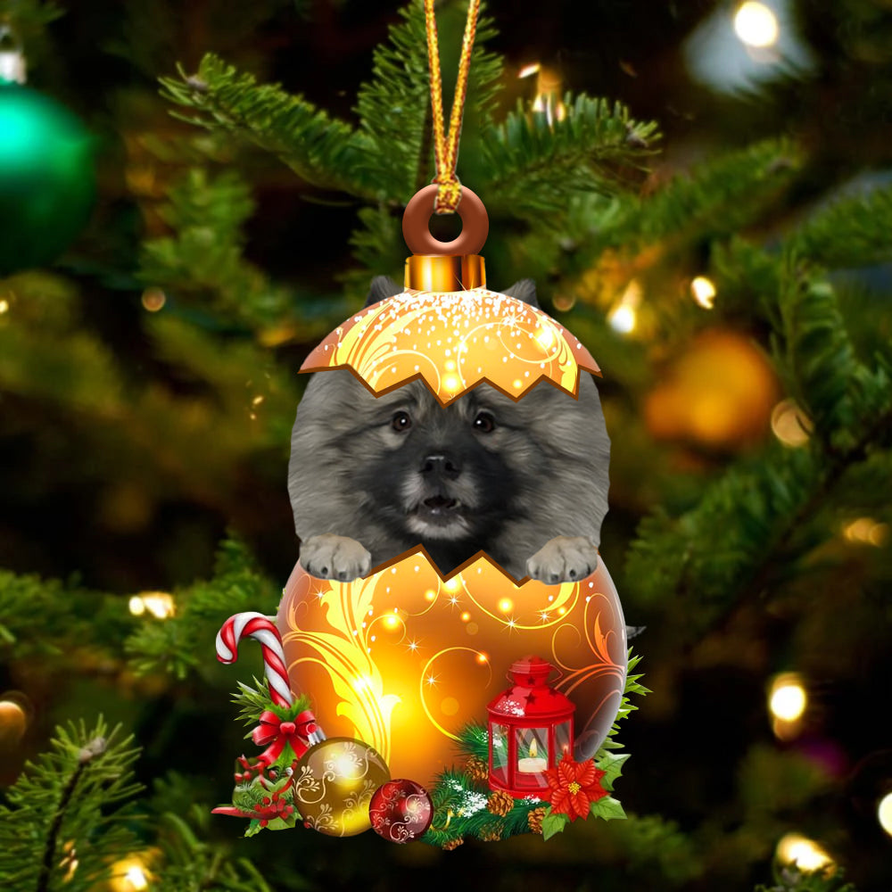 GREY Keeshond In Golden Egg Christmas Ornament