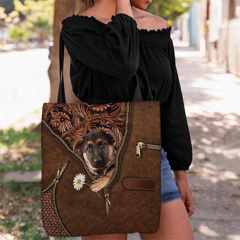 German Shepherd 2 Holding Daisy Tote Bag
