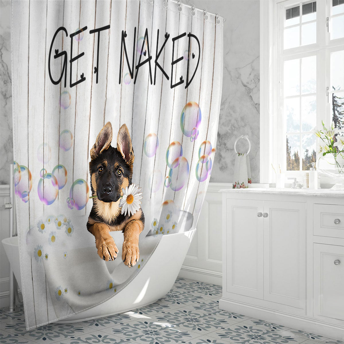German Shepherd Get Naked Daisy Shower Curtain
