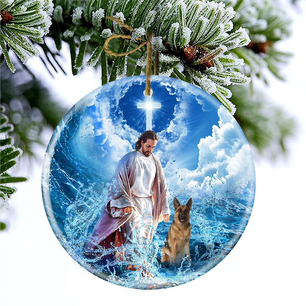 German Shepherd And God Walking On The Ocean Wave Porcelain/Ceramic Ornament