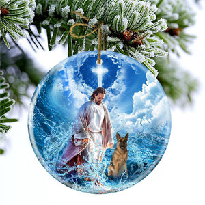 German Shepherd And God Walking On The Ocean Wave Porcelain/Ceramic Ornament