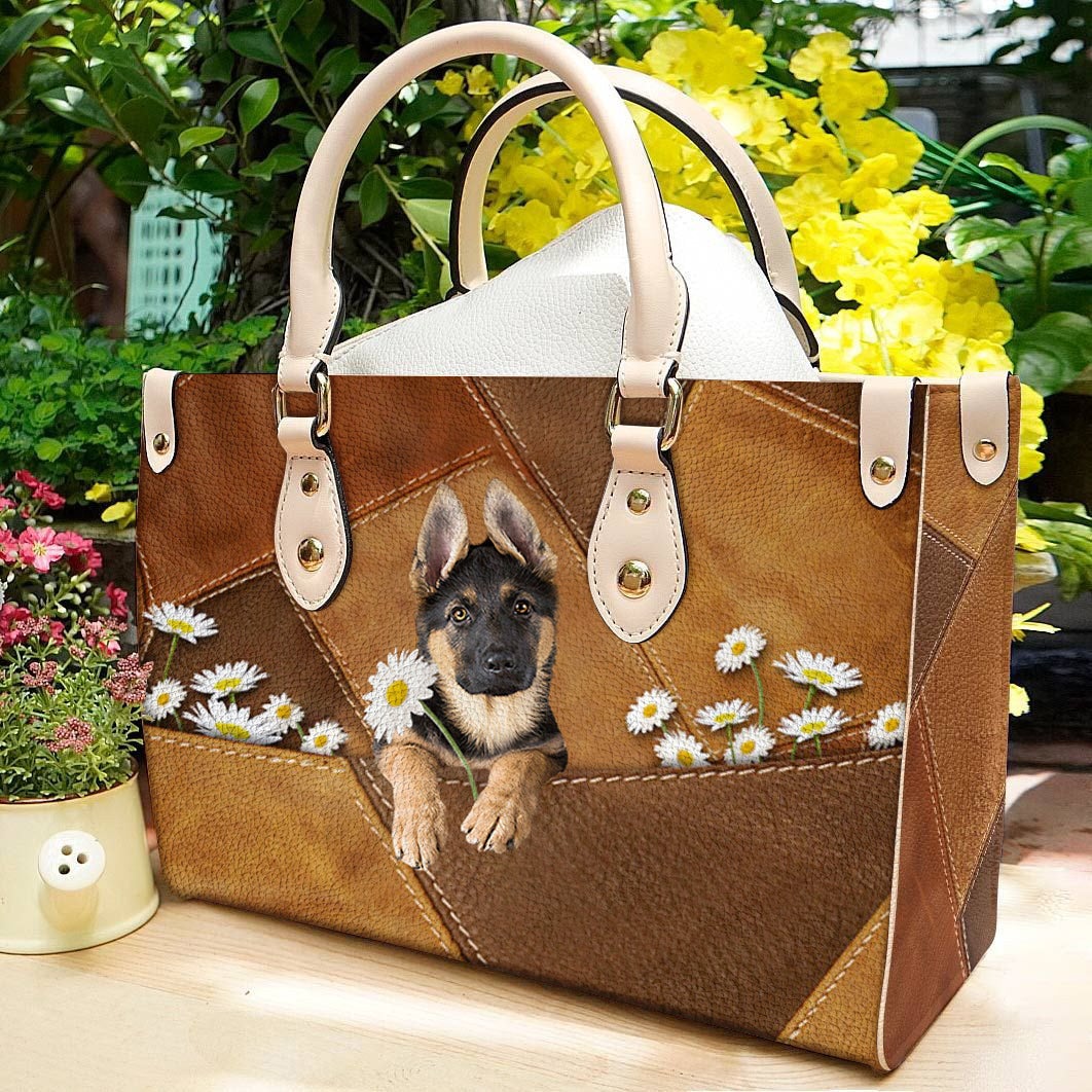 German Shepherd Holding Daisy Leather Bag