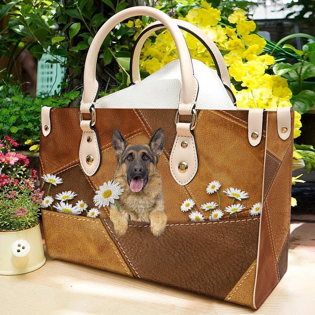 German Shepherd 3 Holding Daisy Leather Bag