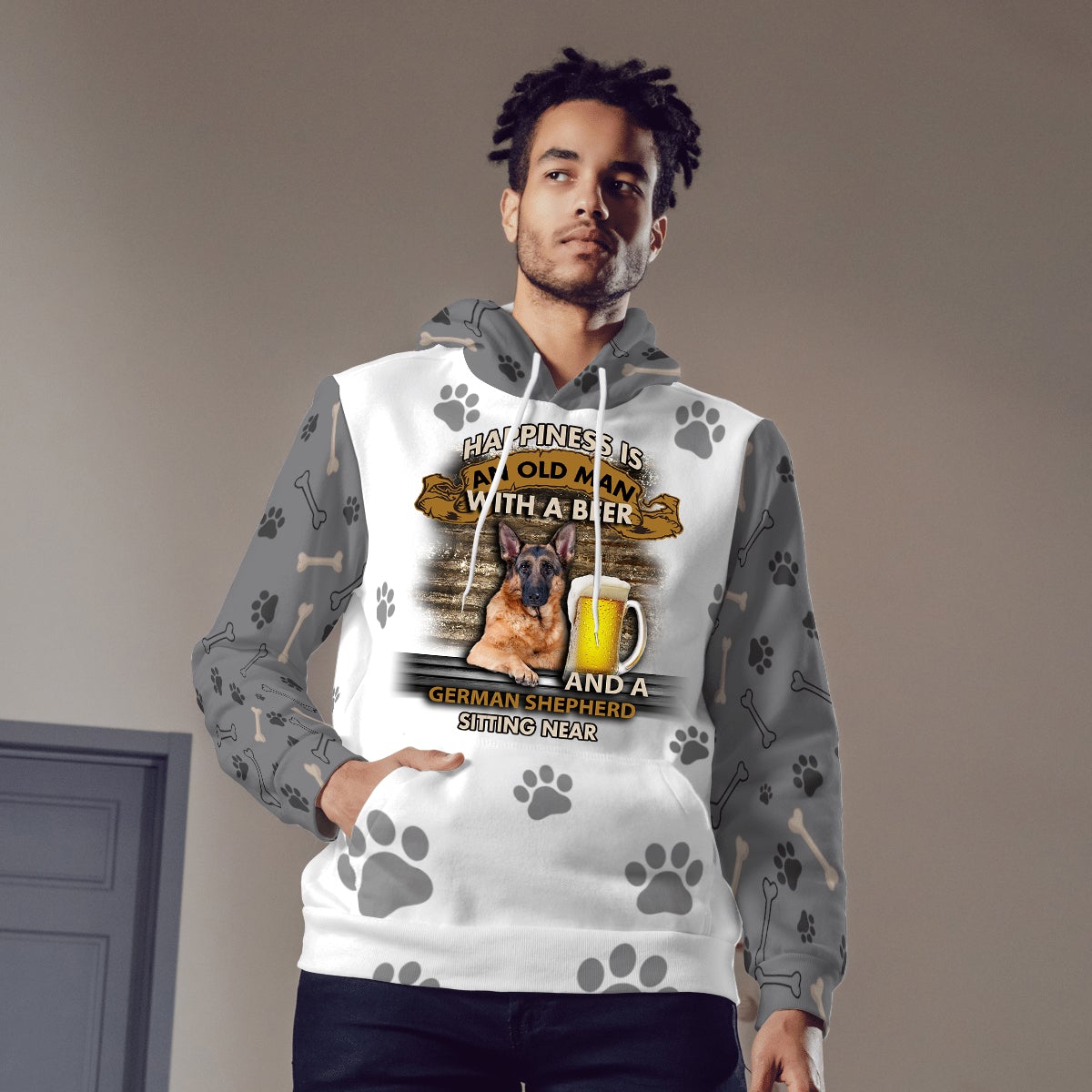 Happiness Is An Old Man With A Beer And A German Shepherd Hoodie