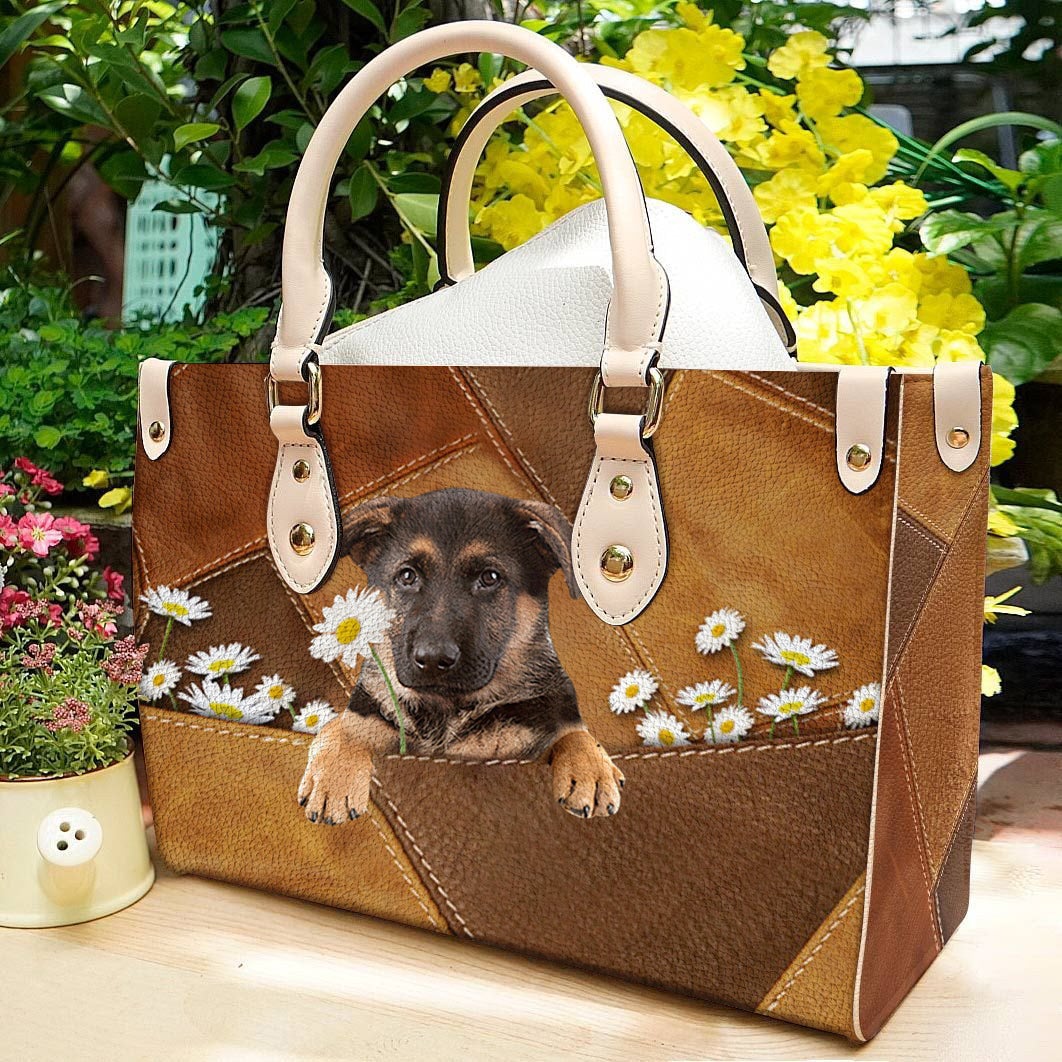 German Shepherd 2 Holding Daisy Leather Bag