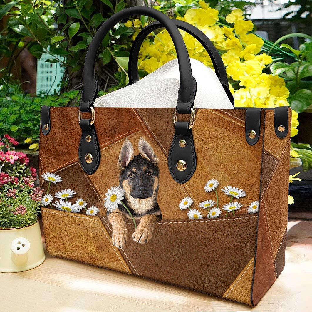 German Shepherd Holding Daisy Leather Bag