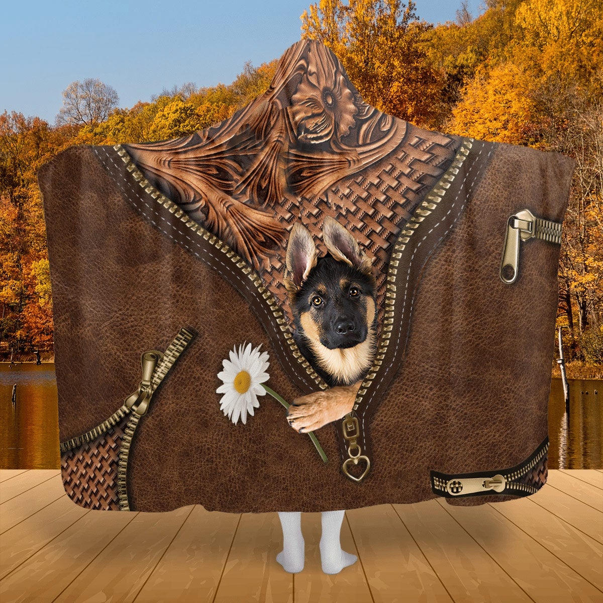 German Shepherd 3 Holding Daisy Hooded Blanket
