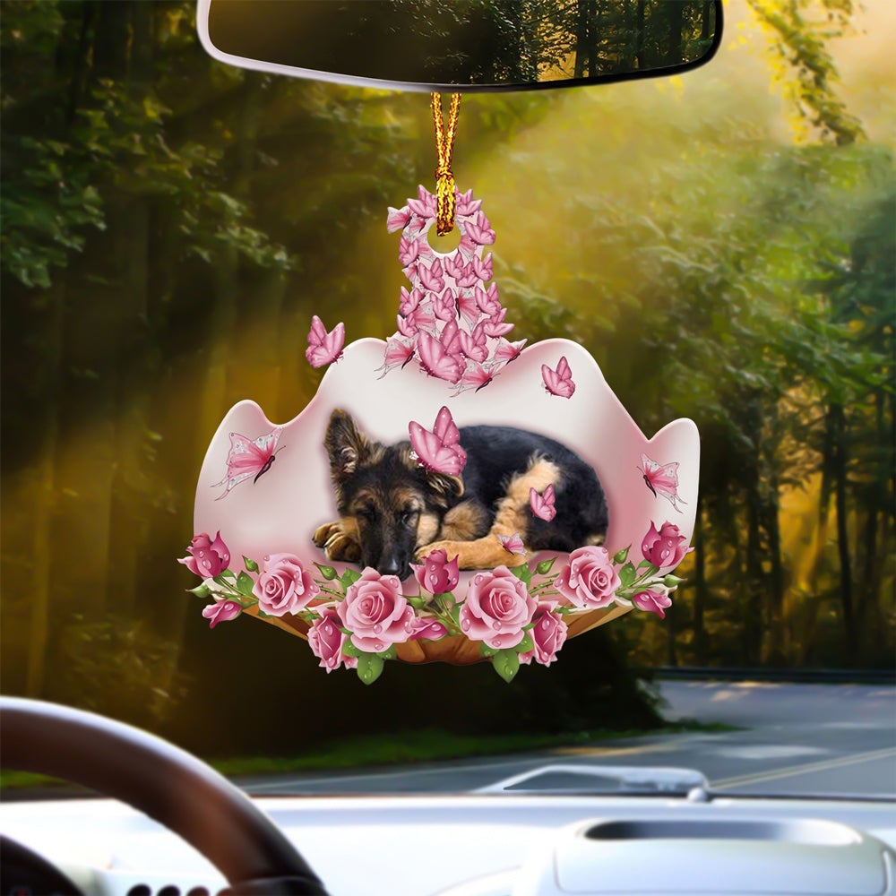 German Shepherd Sleeping In Rose Garden Car Hanging Ornament