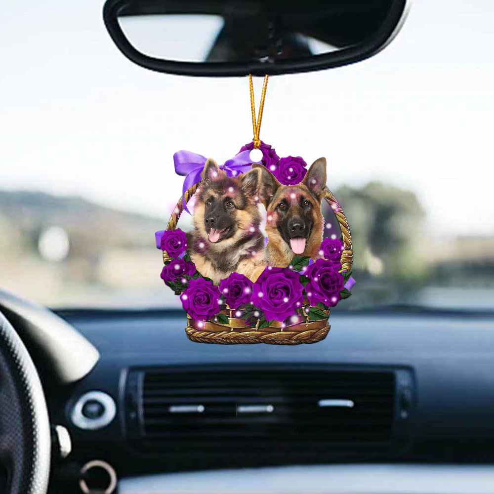 German shepherd Purple Rose Wicker Basket Car Hanging Ornament
