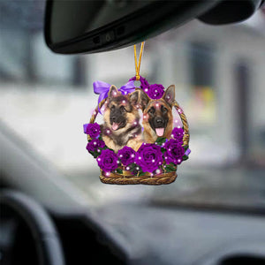 German shepherd Purple Rose Wicker Basket Car Hanging Ornament