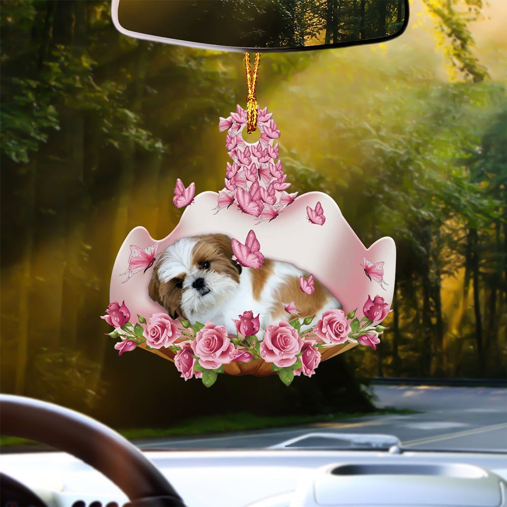 Gold White Shih Tzu Sleeping In Rose Garden Car Hanging Ornament
