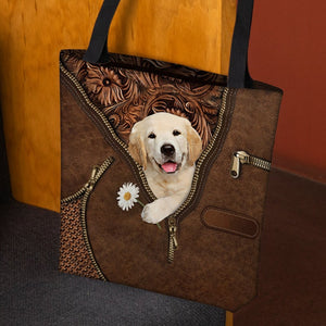 Golden Retriever Holding Daisy Tote Bag