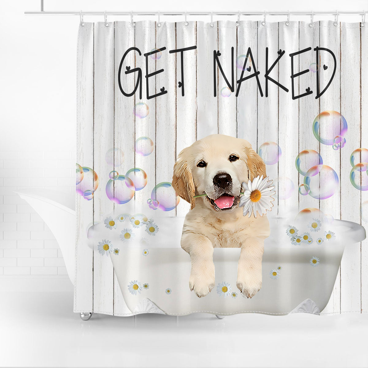 Golden Retriever Get Naked Daisy Shower Curtain
