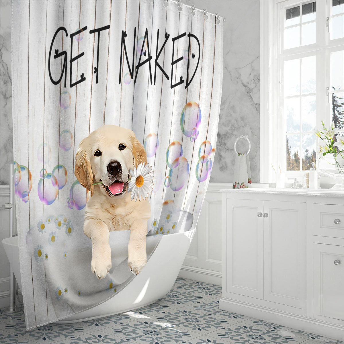 Golden Retriever Get Naked Daisy Shower Curtain