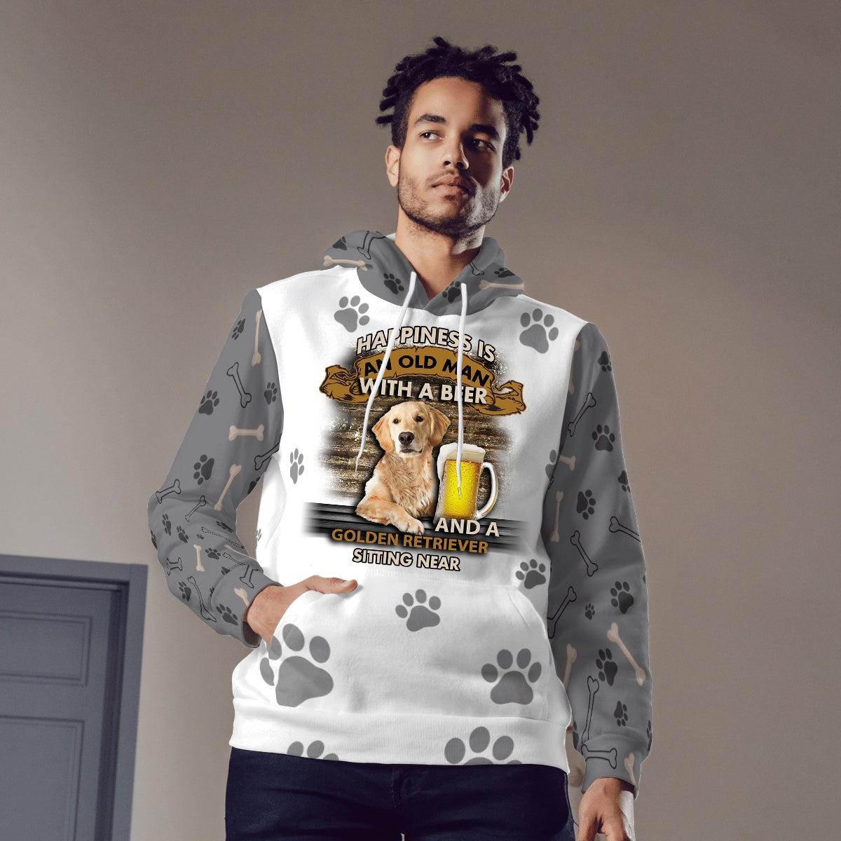 Happiness Is An Old Man With A Beer And A Golden Retriever Hoodie