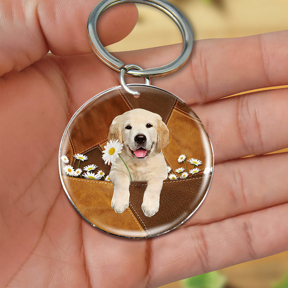 Golden Retriever02 Holding Daisy-Round Resin Epoxy Metal Keychain