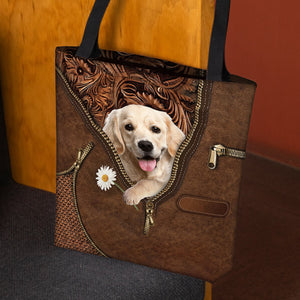 Golden Retriever Holding Daisy Tote Bag