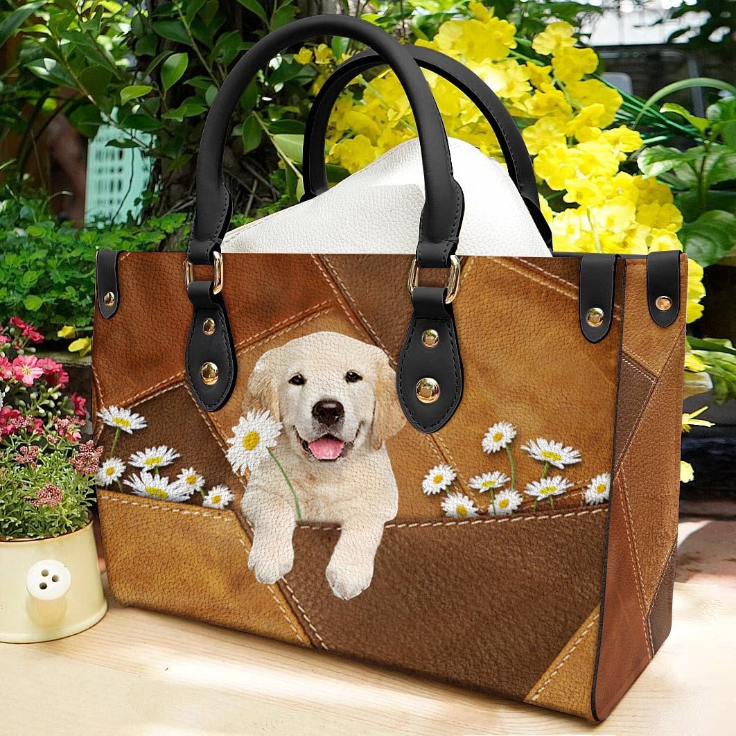 Golden Retriever 2 Holding Daisy Leather Bag