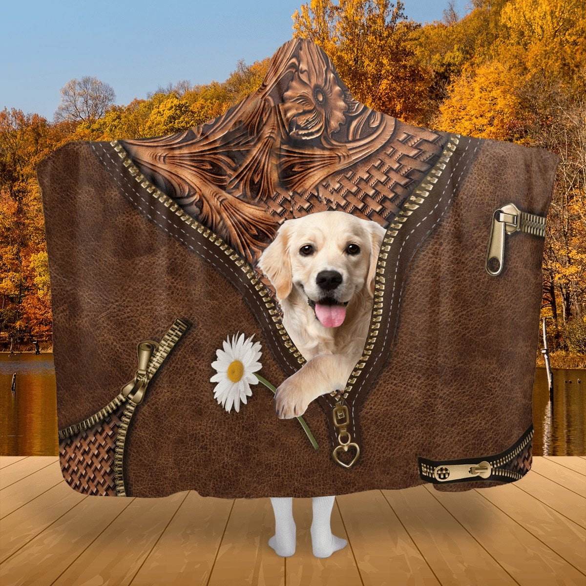 Golden Retriever 2 Holding Daisy Hooded Blanket