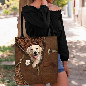 Golden Retriever Holding Daisy Tote Bag