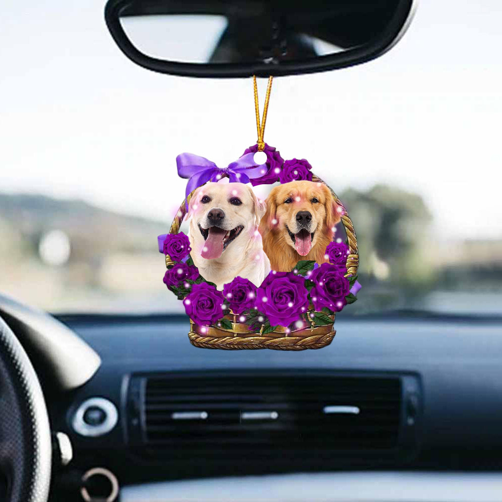 Golden Retriever Purple Rose Wicker Basket Car Hanging Ornament