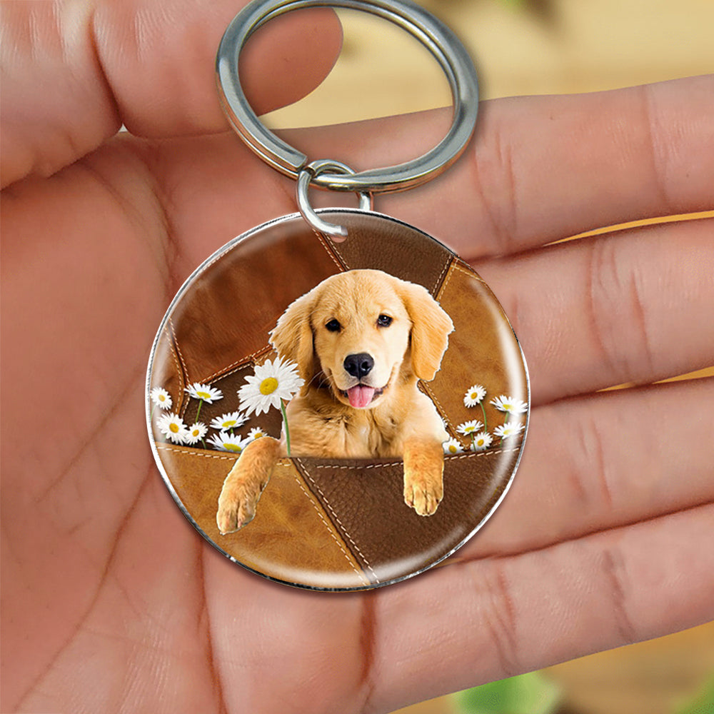 Golden Retriever03 Holding Daisy-Round Resin Epoxy Metal Keychain